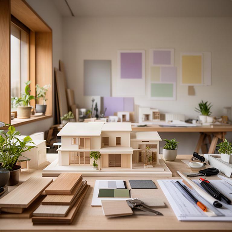 静岡の小さな建築設計事務所の室内、模型と木材サンプルが並ぶ作業台