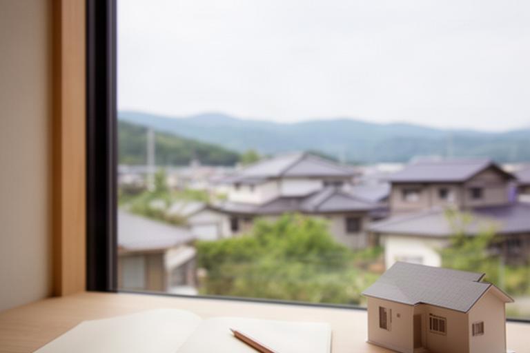 袋井市の住宅地を望む設計室の窓辺と相談用ノート